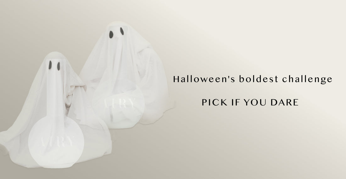 Two Airy Fragrances diffusers playfully draped in white sheets to look like ghosts, promoting a mystery "Halloween Diffuser Challenge" where customers let fate choose their next Japanese luxury scent.