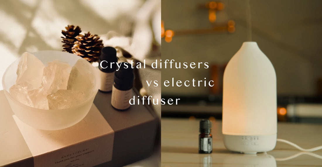 Comparison of Airy crystal fragrance stone diffuser and standard electric diffuser, showing minimalist luxury home decor and superior perfume-grade scenting for refined interiors.