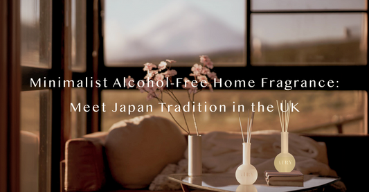 Airy Fragrances minimalist round reed diffusers in a Zen-inspired home setting, illustrating the fusion of traditional Japanese Kōdō heritage with modern alcohol-free luxury home fragrance in the UK.