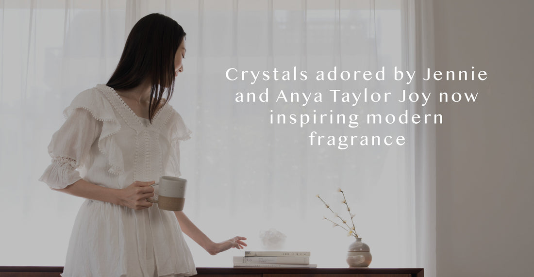 Airy crystal fragrance stones inspired by celebrity luxury trends from Victoria Beckham and Jennie Kim, featuring minimalist Japanese aesthetic and perfume-grade scents for high-end home rituals.