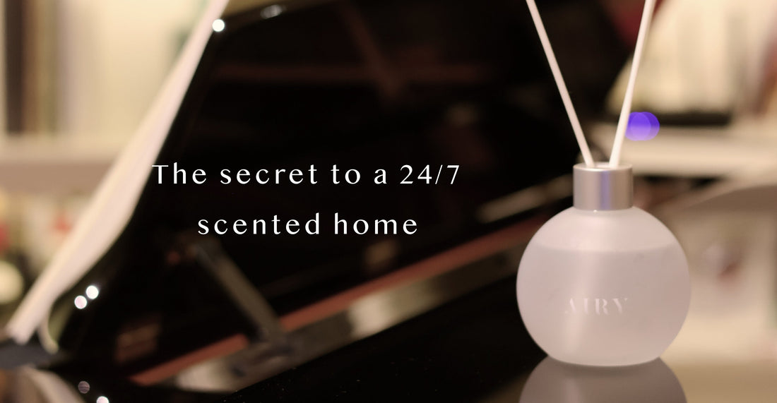 Airy alcohol-free reed diffuser illustrating capillary action and precision-engineered scent diffusion for long-lasting perfume-grade home fragrance in a modern interior.