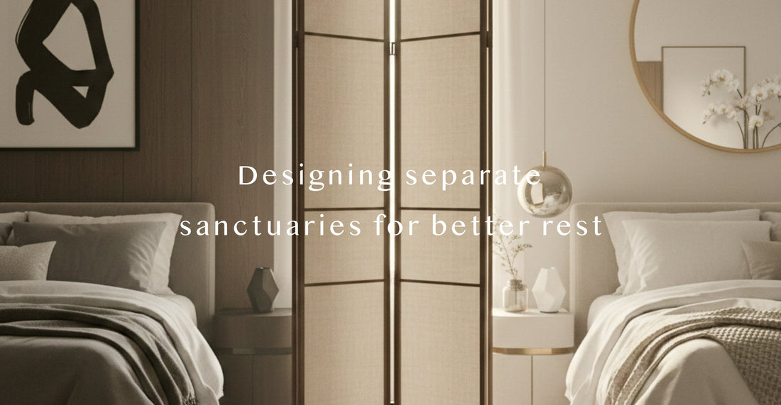 Luxury bedroom interior featuring Airy Fragrances signature home perfume as a shared scent bridge for sleep divorce design, minimalist Japanese aesthetic for high-end sleep sanctuaries and relationship wellness.