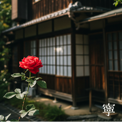 A vibrant red Chiba rose blooming in front of a traditional Japanese Machiya house with shoji screen windows. This scene captures the 寧 (Nei) essence of Serene Solstice—a grounding home fragrance that blends the clarity of Japanese roses with the stillness of a stone garden and sacred frankincense.