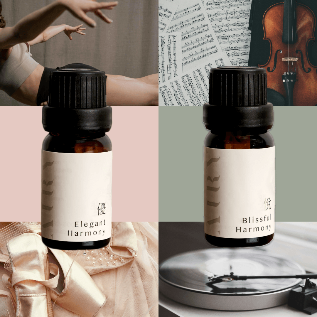 A collage featuring the Airy Fragrances fragrant oil collection: Elegant Harmony 優 (White Tea & Osmanthus) and Blissful Harmony 悅 (Green Tea & Gardenia). Visual inspirations include ballet shoes and fluid dance representing poise, alongside a violin and record player representing joy. Luxury, alcohol-free Japanese oils designed for Clear Quartz Stone Diffusers.