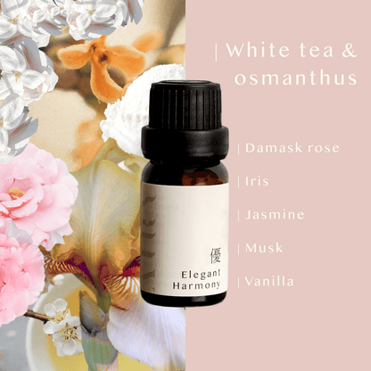 Scent note infographic for Elegant Harmony 優 (Yu) fragrant oil. Visual breakdown of botanical ingredients including white tea, osmanthus, damask rose, iris, jasmine, musk, and vanilla. A Japanese-crafted, alcohol-free oil blend designed for the Airy Clear Quartz Stone Diffuser to create a refined, musky-floral atmosphere