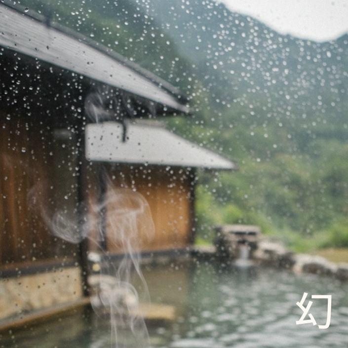 Atmospheric view of a misty Hakone hot spring (Onsen) in Japan, the inspiration for Sweet Infusion 幻. The image captures steam rising against a rainy mountain backdrop, representing the velvety Jin Xuan tea and serenity that defines this luxury home fragrance.