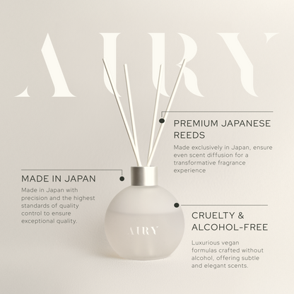 Product benefits of Airy Fragrances reed diffusers: Made in Japan with precision quality control, premium Japanese fiber reeds for even scent diffusion, and cruelty-free, vegan, alcohol-free fragrance oil formula.