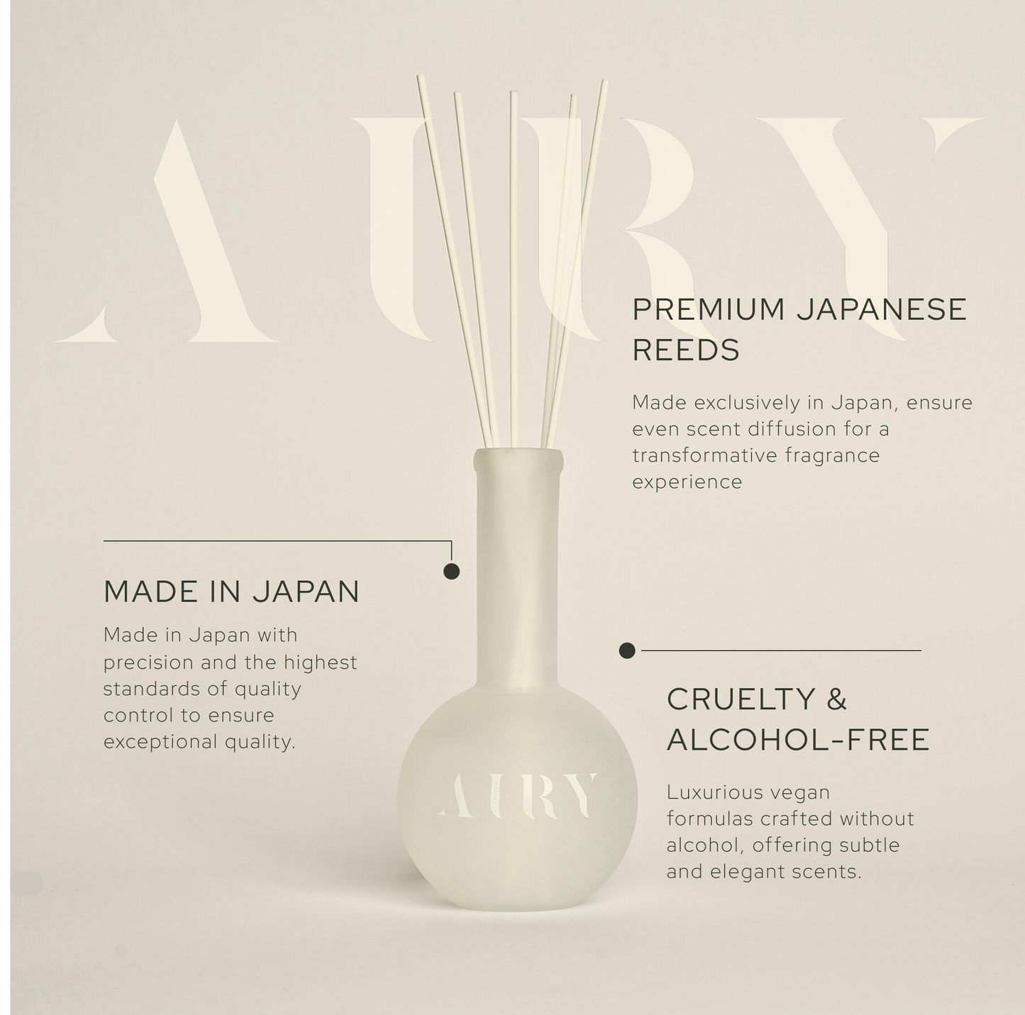 Airy Fragrances brand quality standards: Made in Japan with precision, featuring alcohol-free and cruelty-free vegan formulas. The image highlights the premium Japanese fiber reeds and the frosted glass vessel, ensuring exceptional scent diffusion for a luxury tea-inspired home experience.