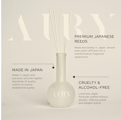 Airy Fragrances brand quality standards: Made in Japan with precision, featuring alcohol-free and cruelty-free vegan formulas. The image highlights the premium Japanese fiber reeds and the frosted glass vessel, ensuring exceptional scent diffusion for a luxury tea-inspired home experience.
