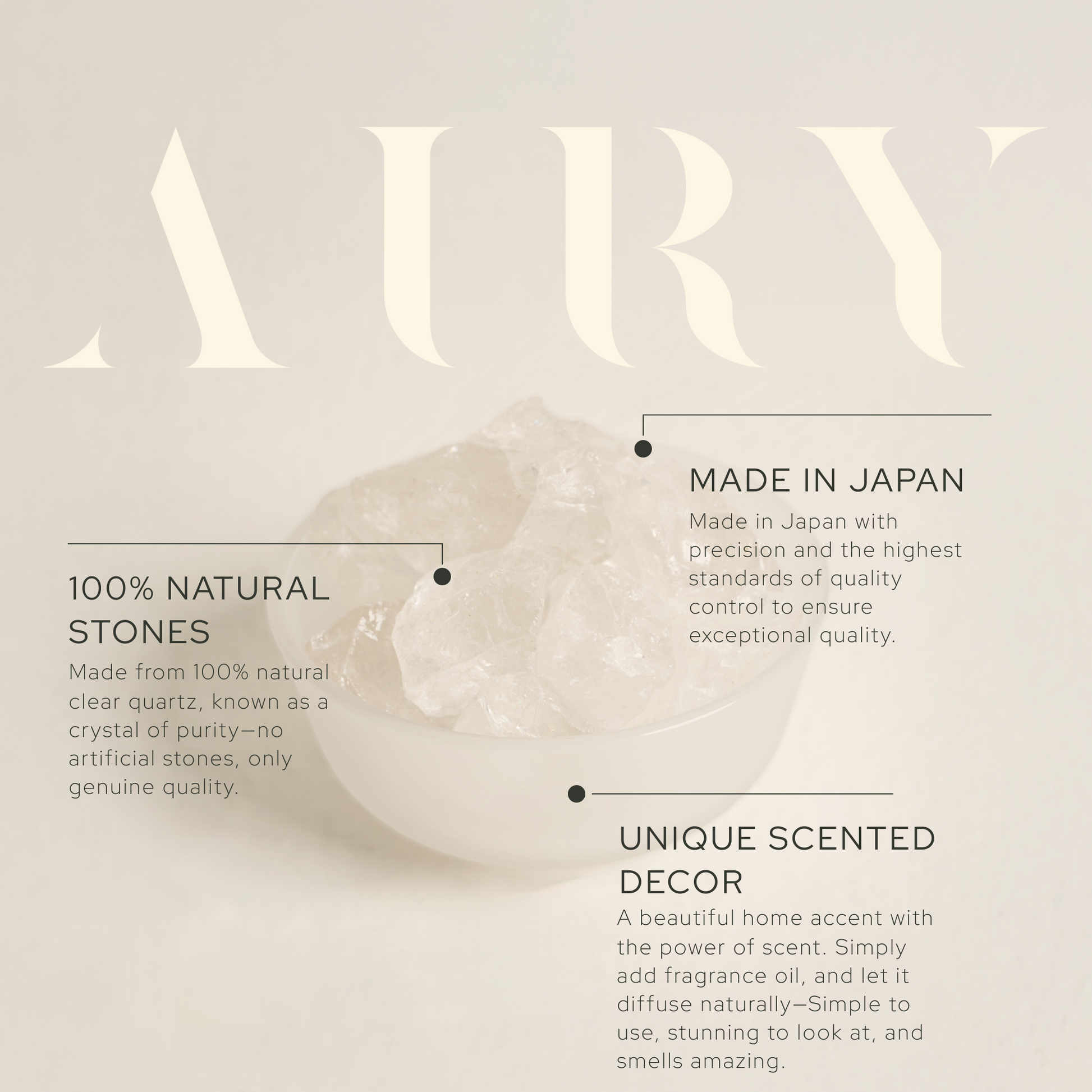 Infographic for Airy Fragrances Stone Diffuser Set. Highlights include 100% natural clear quartz stones, authentic Japanese craftsmanship with high quality control standards, and its use as a unique scented decor piece. A sculptural, alcohol-free home fragrance solution for minimalist and Zen-inspired interiors.