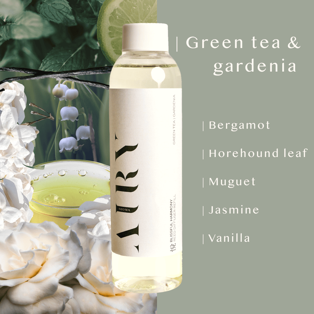 Visual scent profile of Blissful Harmony 悦: Japanese Green Tea, Gardenia, Bergamot, Muguet, and Vanilla. Alcohol-free fragrance oil refill bottle for Airy Fragrances reed diffuser.