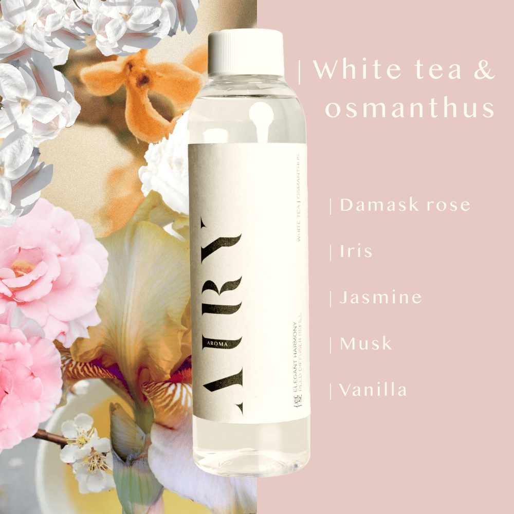 Visual scent profile of Elegant Harmony 優: Kyoto White Tea, Golden Osmanthus, Damask Rose, Iris, Jasmine, Musk, and Vanilla. alcohol-free fragrance oil refill bottle for Airy Fragrances reed diffuser