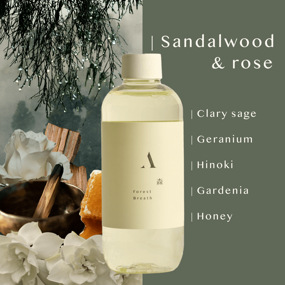 Detailed fragrance notes for Forest Breath 森 reed diffuser. A complex Japanese blend featuring Nagano Hinoki, Sandalwood, and Rose, supported by Clary Sage, Geranium, Gardenia, and Golden Honey. Perfect for a meditative forest-bathing atmosphere.