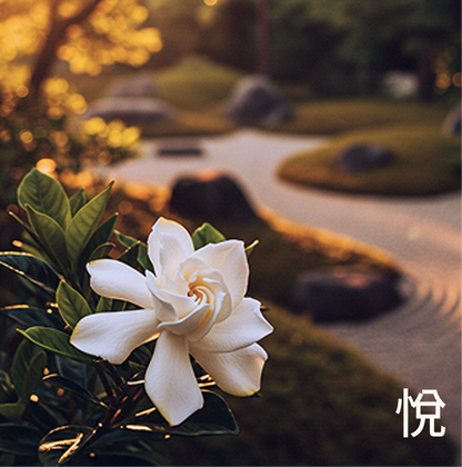 Atmospheric view of a traditional Kanazawa Japanese garden with a blooming white Gardenia flower. The inspiration for Blissful Harmony 悦, capturing the quiet joy and fresh air of a garden after rain.
