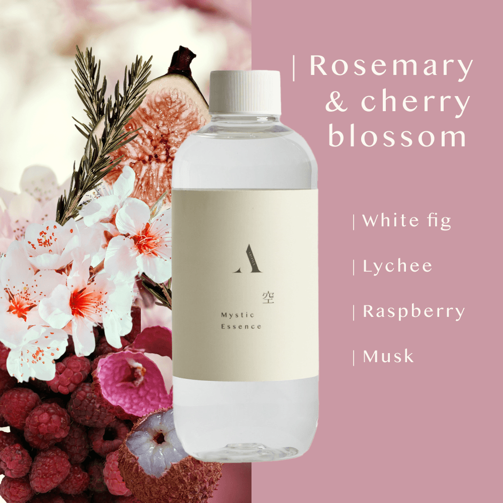 Scent note infographic for Mystic Essence 空 luxury diffuser refill. Visual breakdown of botanical ingredients including Tokyo Sakura (cherry blossom), rosemary, white fig, lychee, raspberry, and soft musk. A 250ml alcohol-free refill designed for a fresh, ethereal, and dewy atmosphere in Airy reed vessels