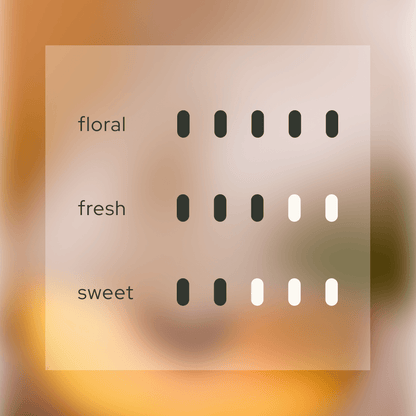 Scent intensity scale for Velvet Embrace 韻: High floral presence with moderate freshness and a subtle, refined sweetness. This visual guide highlights the silken Okayama Peach, Jasmine, and Freesia profile, ideal for a dewy and poetic home atmosphere.
