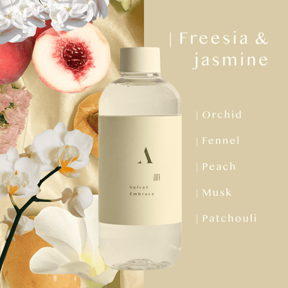 Scent note breakdown for Velvet Embrace 韻 home reed diffuser. A silken Japanese blend featuring Okayama peach and fresh freesia, layered with white jasmine, orchid, spiced fennel, soft musk, and earthy patchouli. A poetic, fruity-floral aroma designed for creative flow and calm, sunlit spaces.